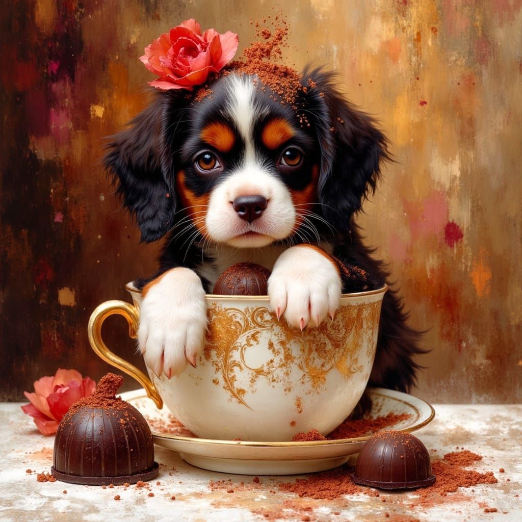 Chocolate Puppy in Cup: Hyperdetailed Cozy Pastel Painting