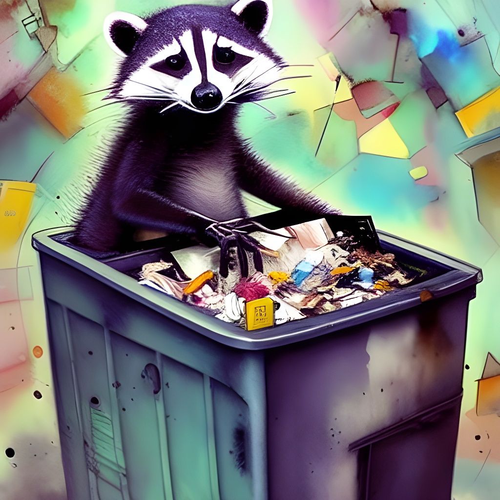 Hyperrealistic Raccoon in Trash, Mixed Media Painting