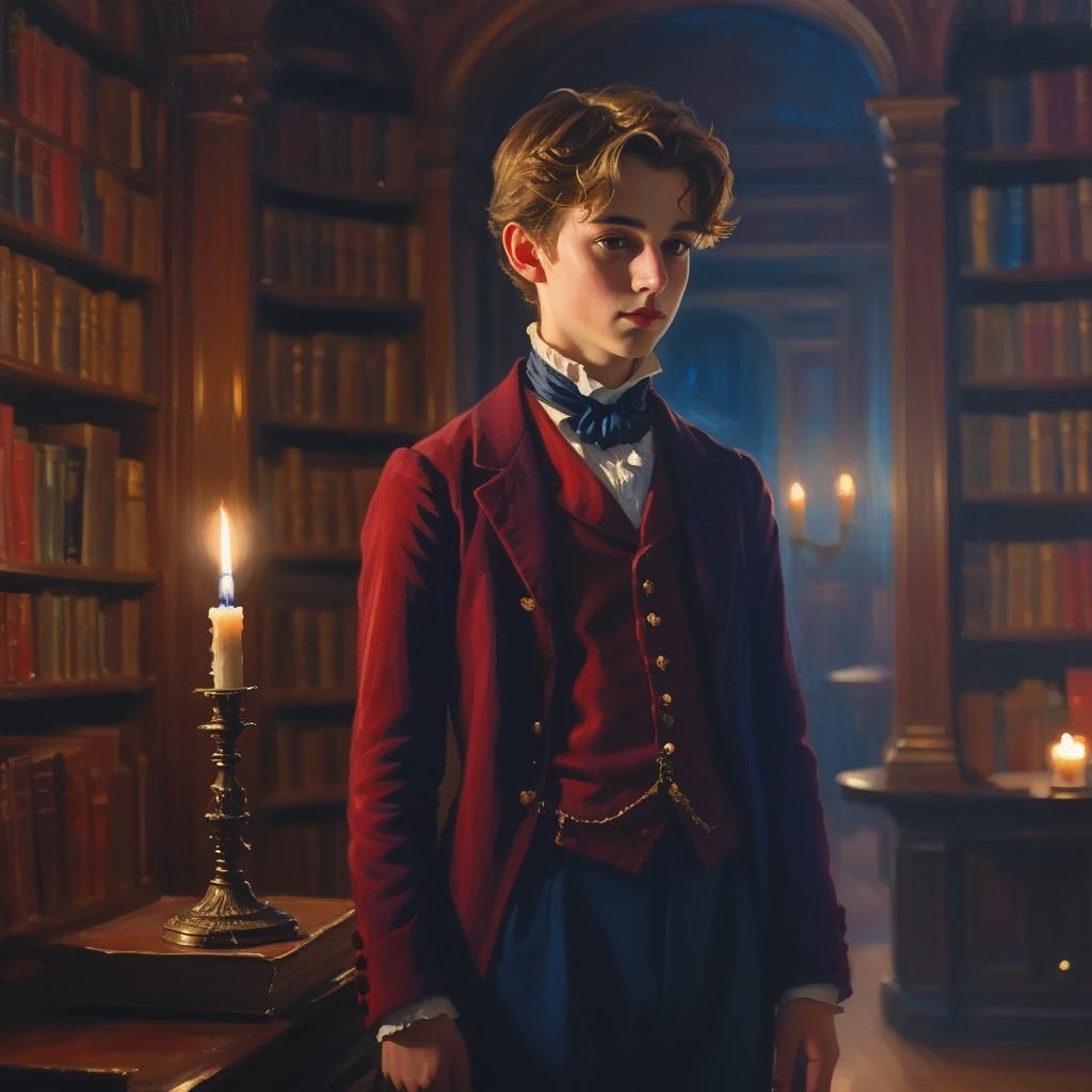 Young Nobleman in Library: Impressionist Painting