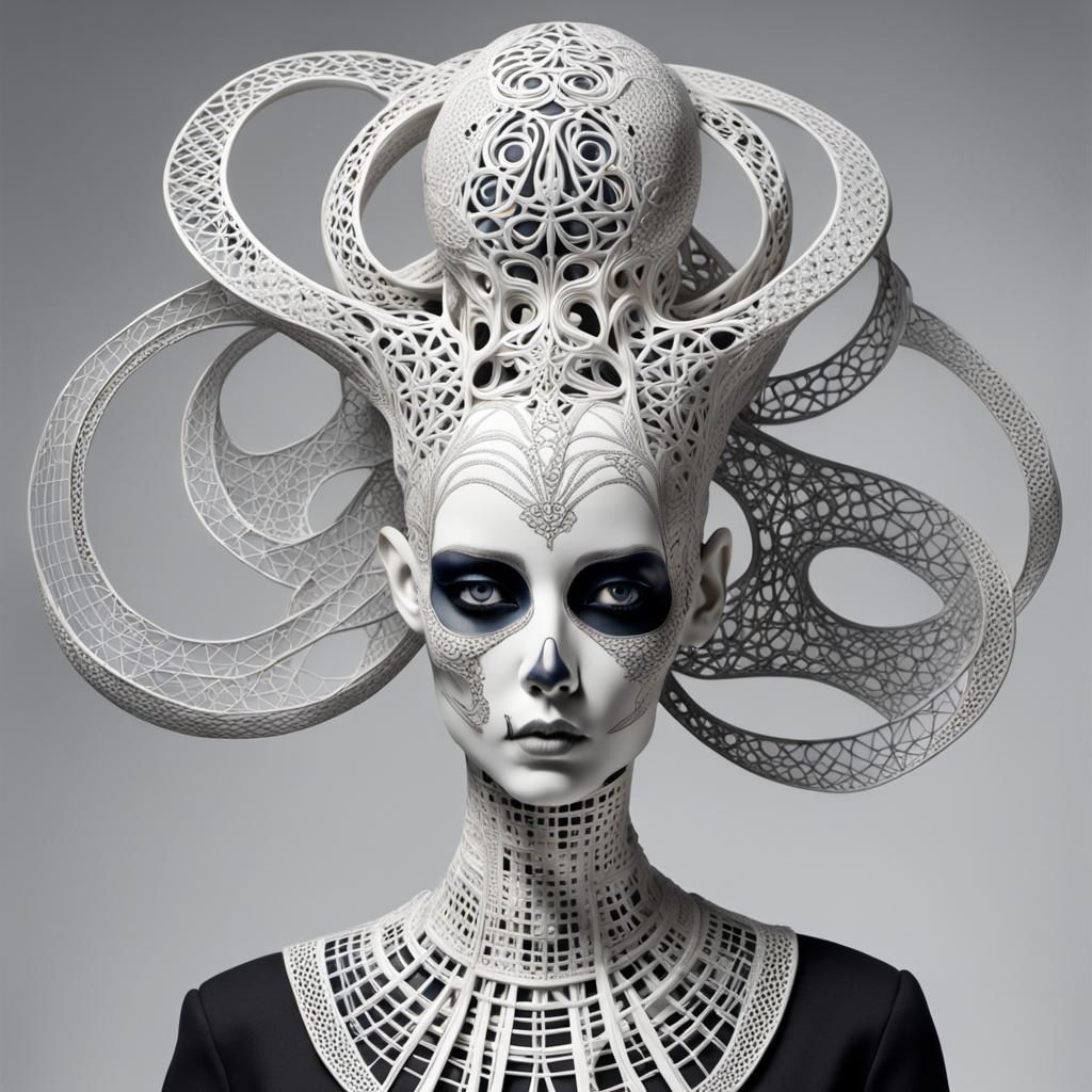 Futuristic Porcelain Sculpture of Woman in Geometric Scarf