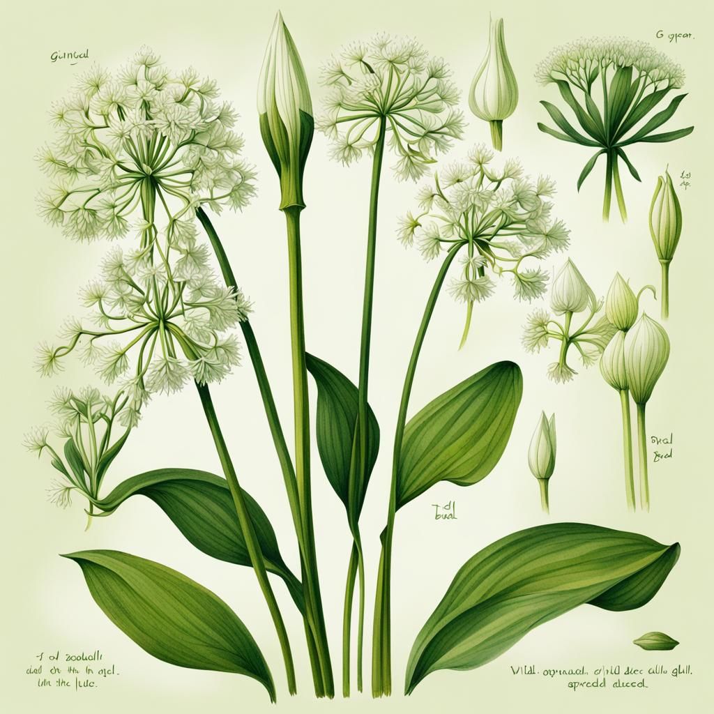 Botanical Illustration of Wild Garlic with Flowers and Seeds