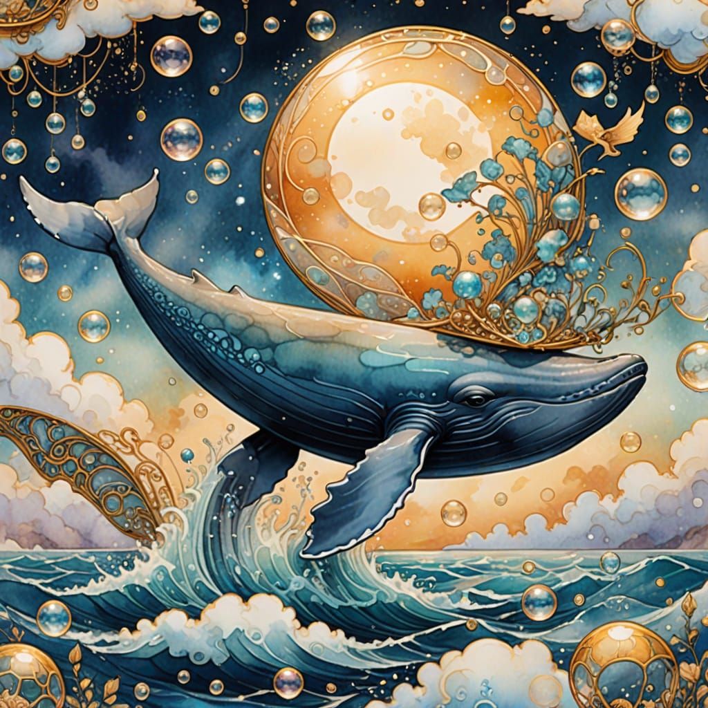 Ethereal Flying Whale in Art Nouveau Style
