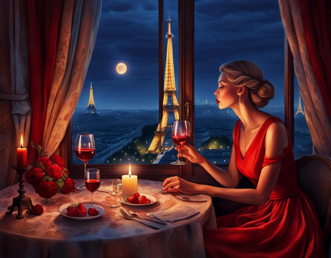 Woman in Red Dress with Eiffel Tower View