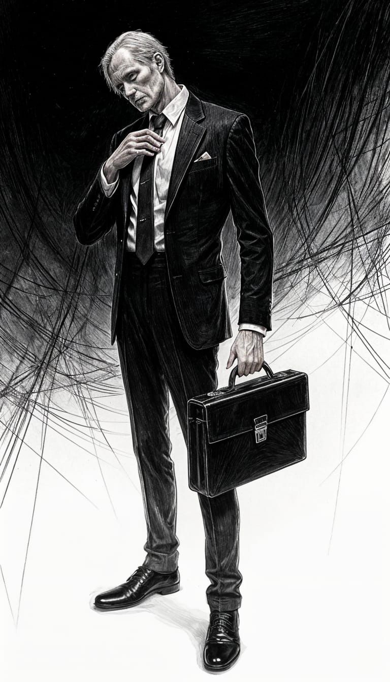 Grim Lich in Black Suit Adjusting Tie in Chiaroscuro