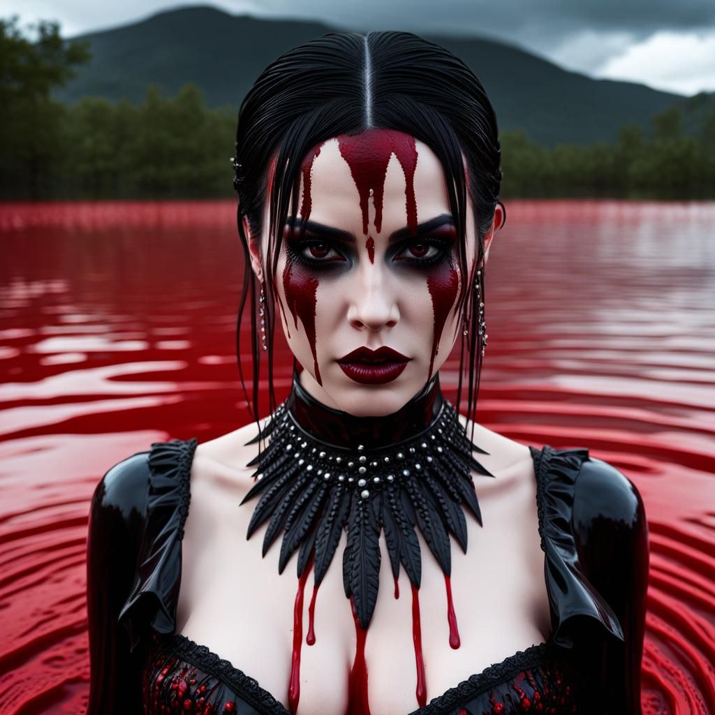 Goth Woman in Blood Red Lake: Photorealistic Horror