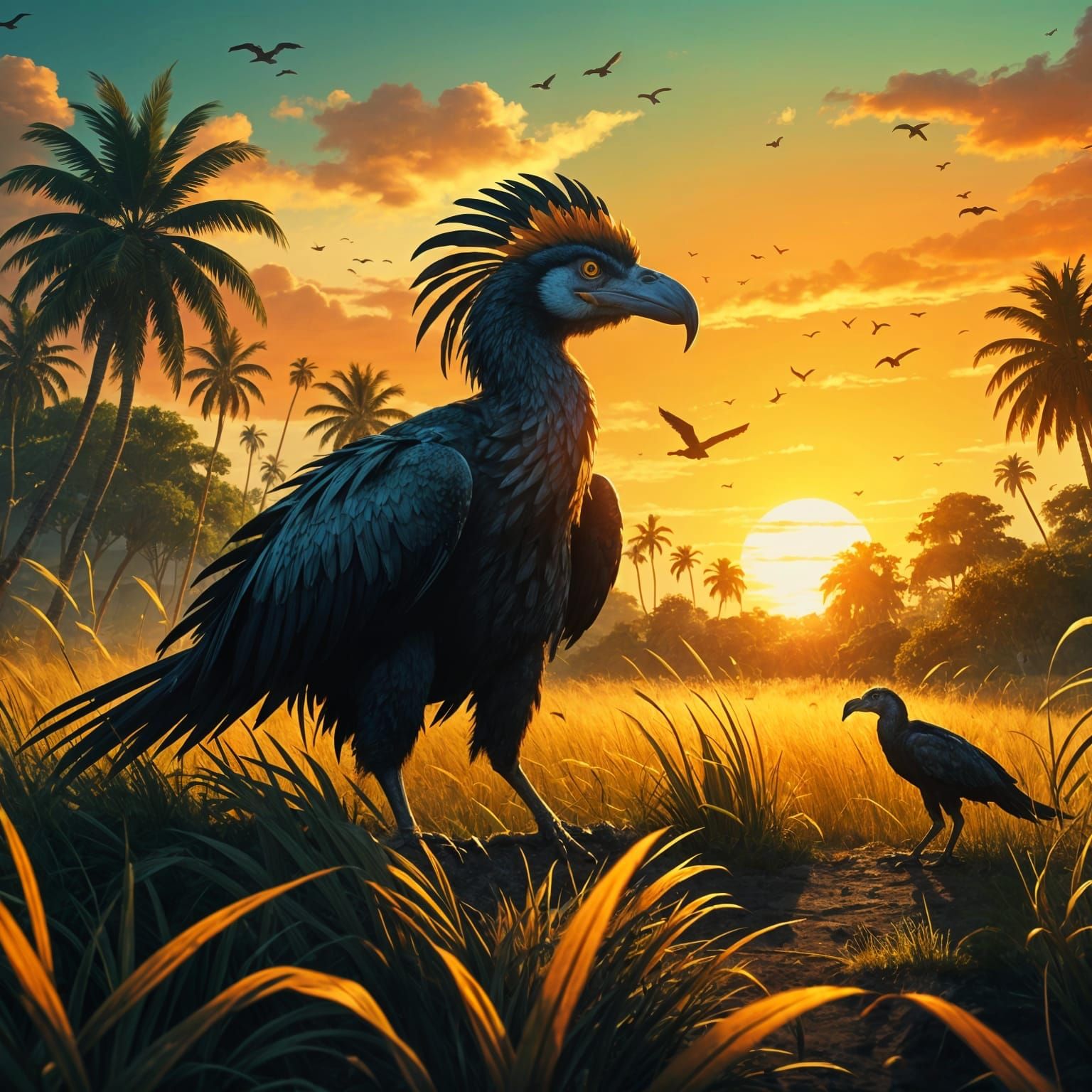 Terror Birds Stalking Prey in Tropical Grassland