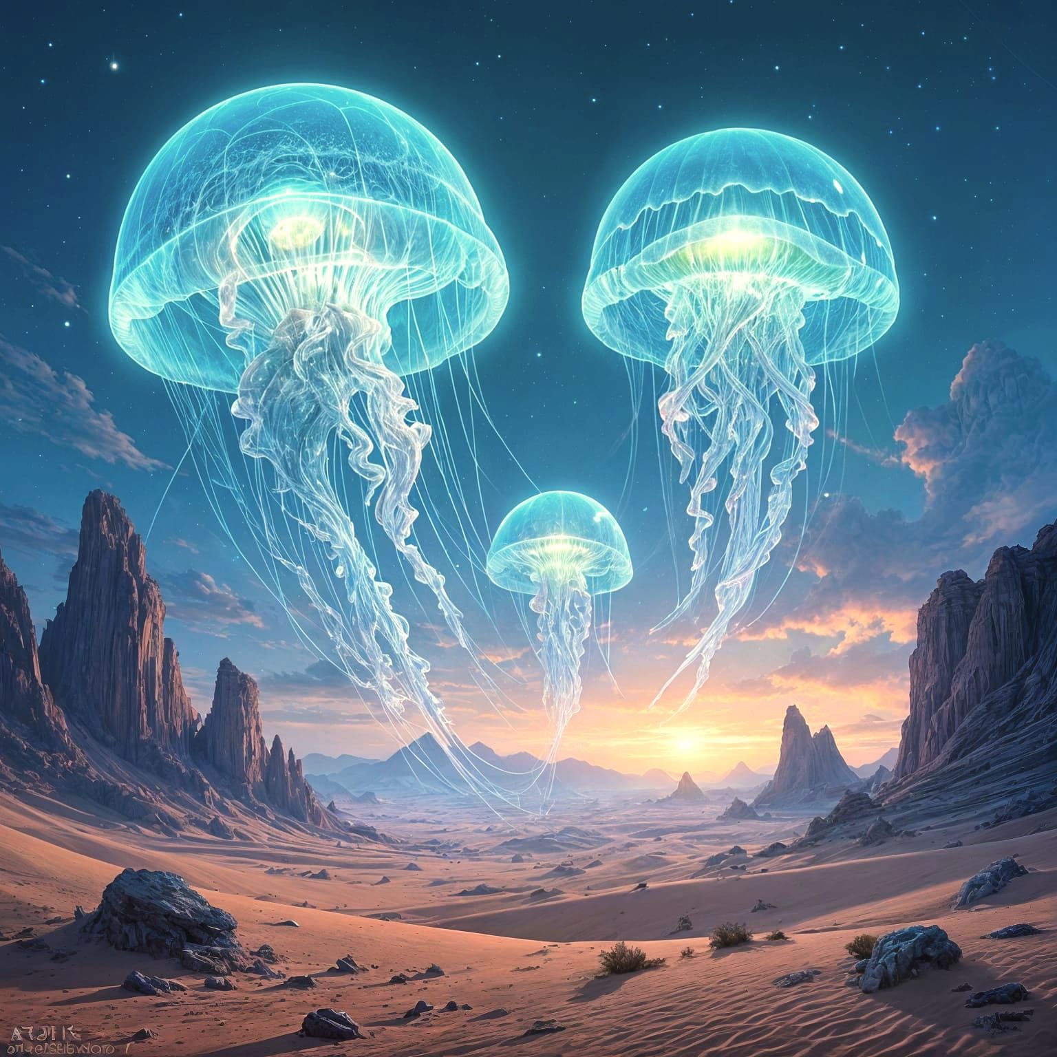 Surreal Twilight Desert with Bioluminescent Jellyfish