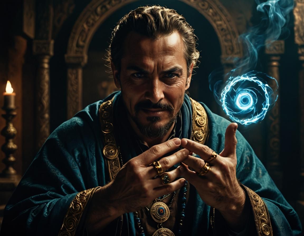 Mystical Man Bursting with Blue Energy: Cinematic Still