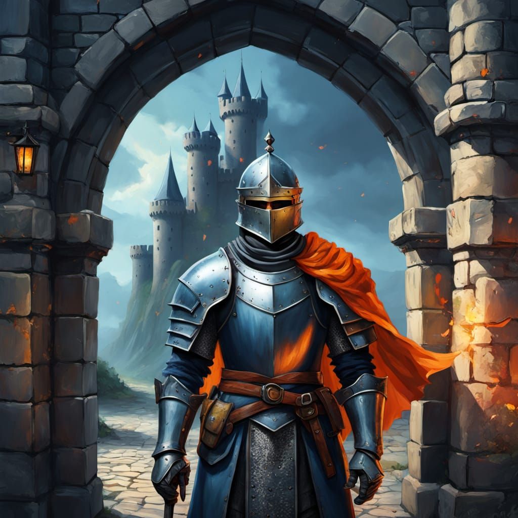 Vibrant Oil Painting of Knight at Crumbling Castle Gate