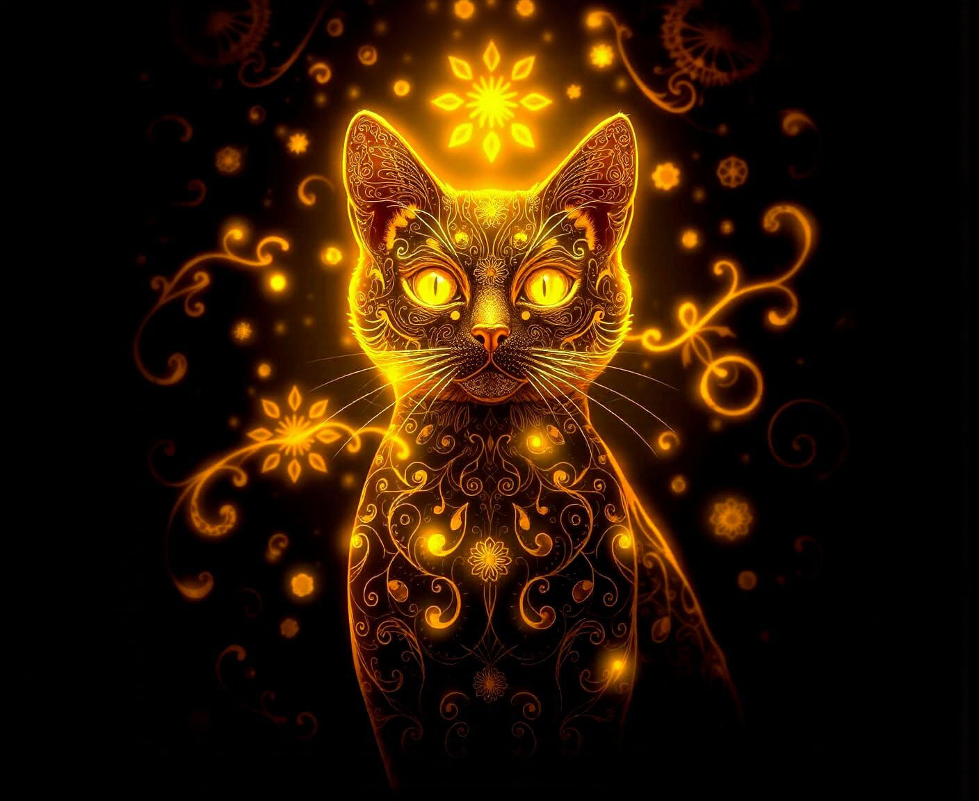 Bioluminescent Cat with Golden Filigree Design