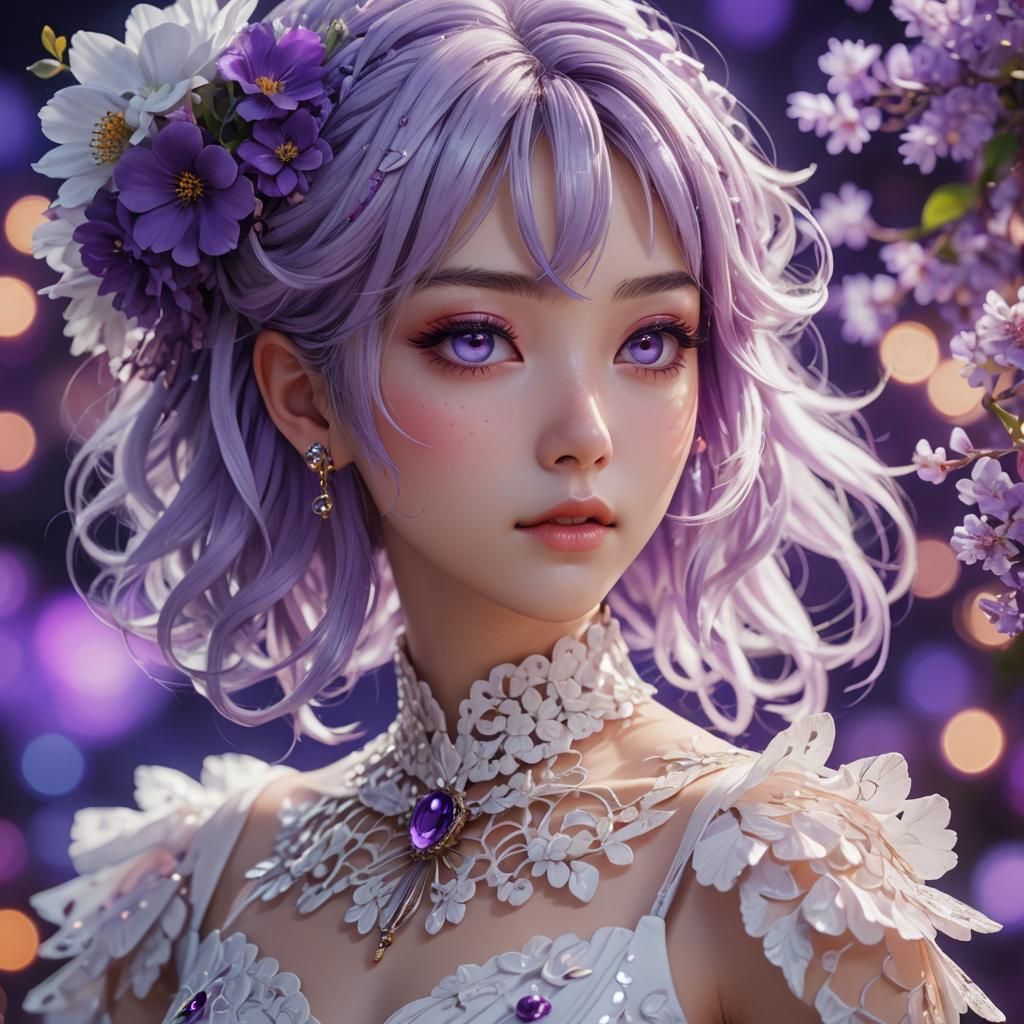 Anime Woman in White Dress with Purple Accents