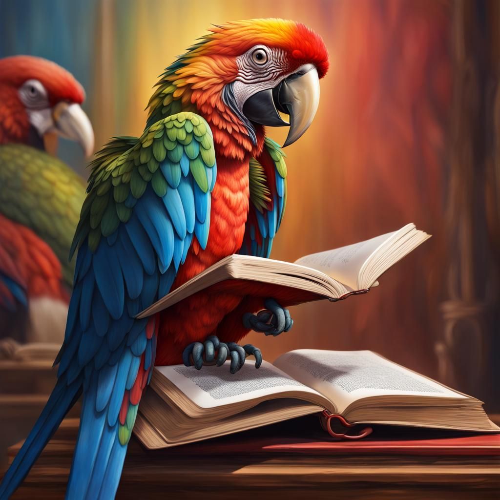 Macaw Reads a Book: Hyperrealistic Splash Art