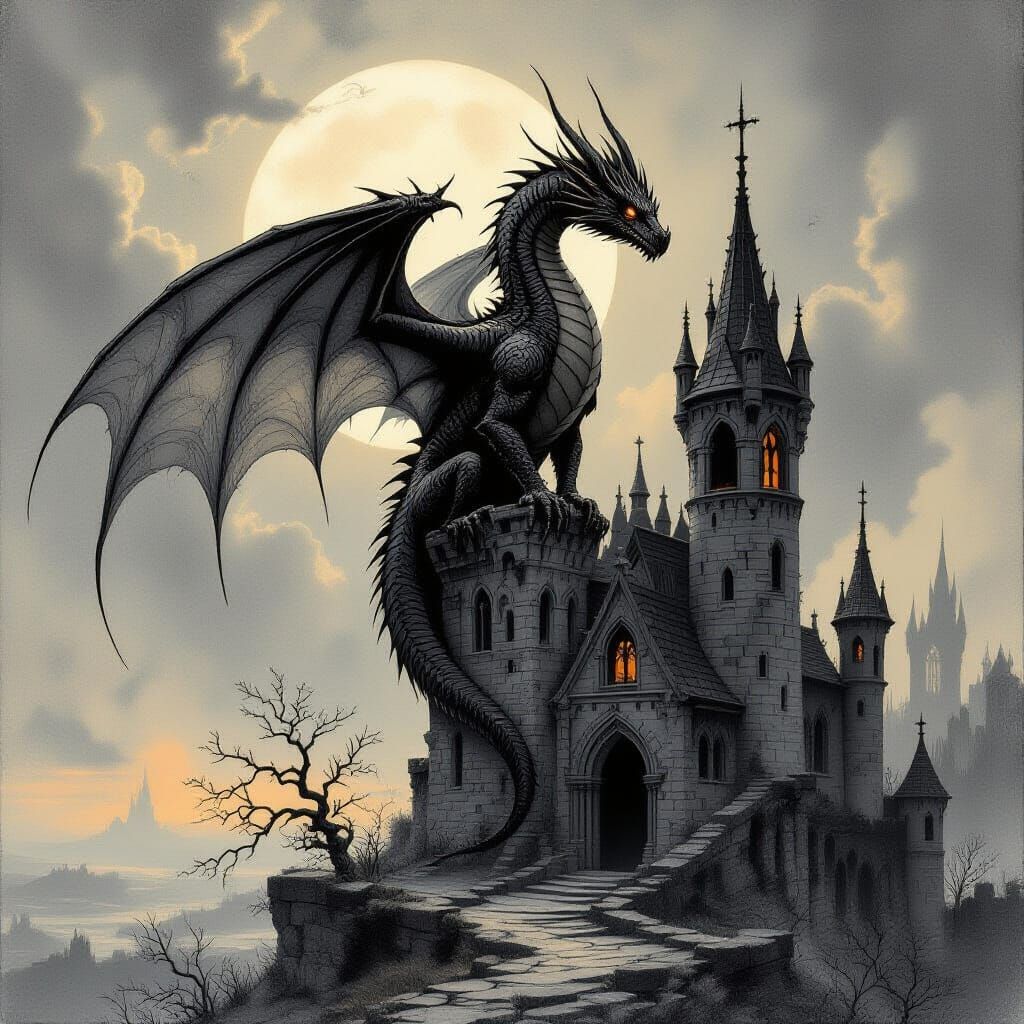 Ancient Obsidian Dragon on Gothic Castle Spire