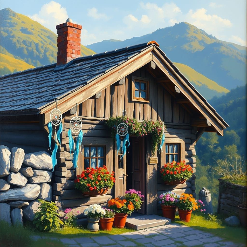 Nostalgic Oil Painting of Old Chalet with Flowers and Dreamc...