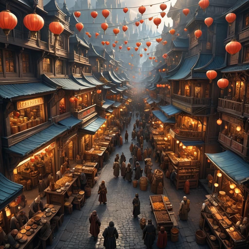 Bustling Fantasy Marketplace at Sunset: Matte Painting