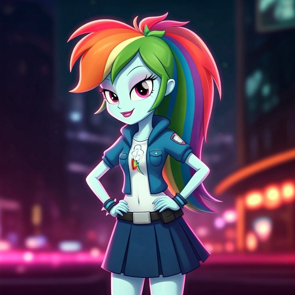 Rainbow Dash as Flirty Police Officer in Neon Cityscape