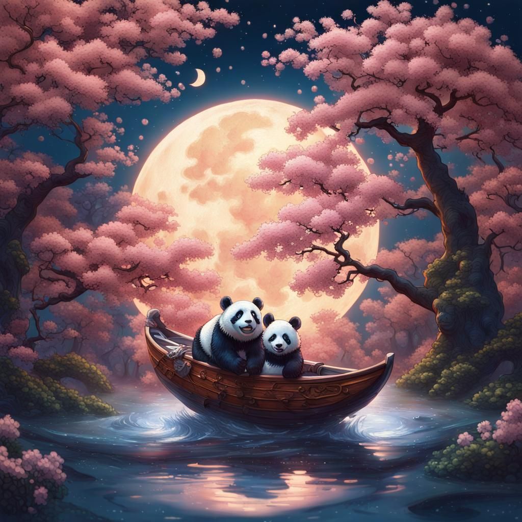Panda's Lunar Swim: Hokusai-Inspired Illustration