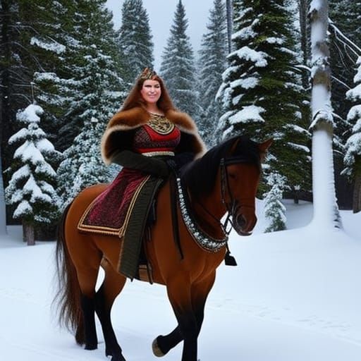 Russian Warrior Princess on Horse in Winter Woods