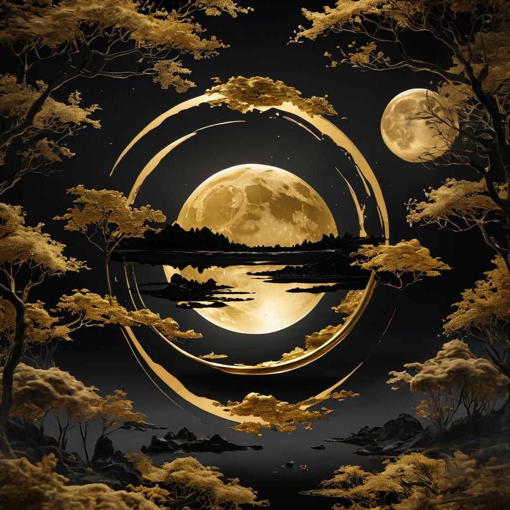 Golden Moon Landscape in Double Exposure Style
