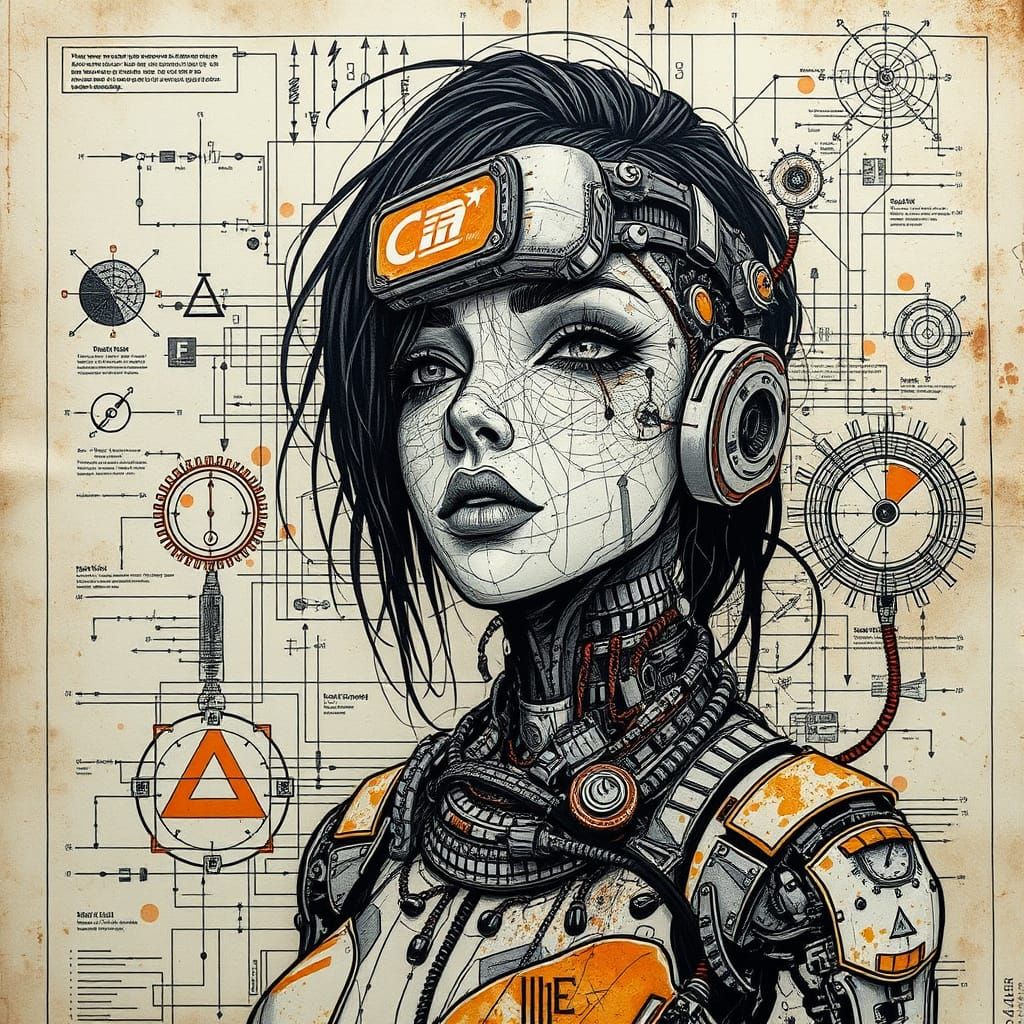 Futuristic Cyborg Schematic in Rough Sketch Style