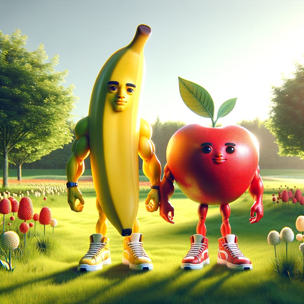 Anthropomorphic Bananas and Berry in Lush Field