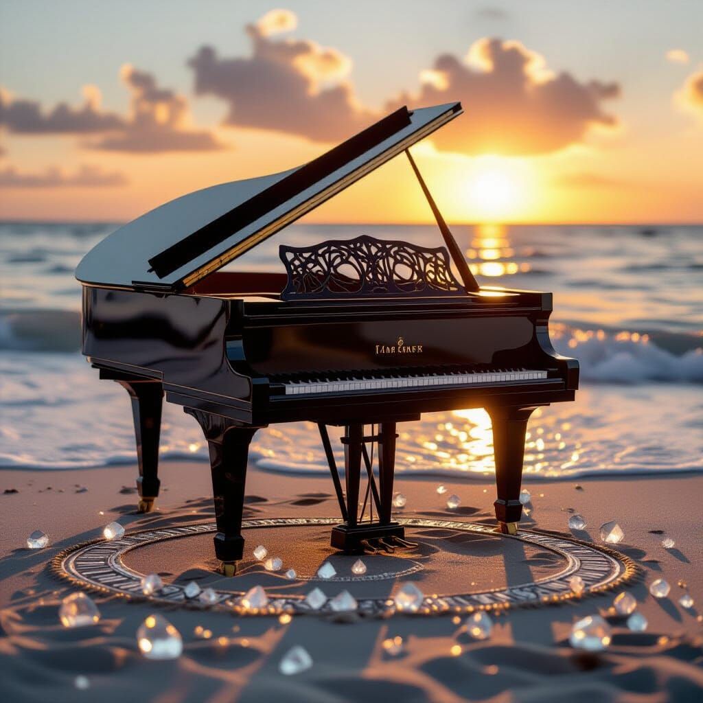 Grand Piano on Beach at Sunset with Crystal Shards