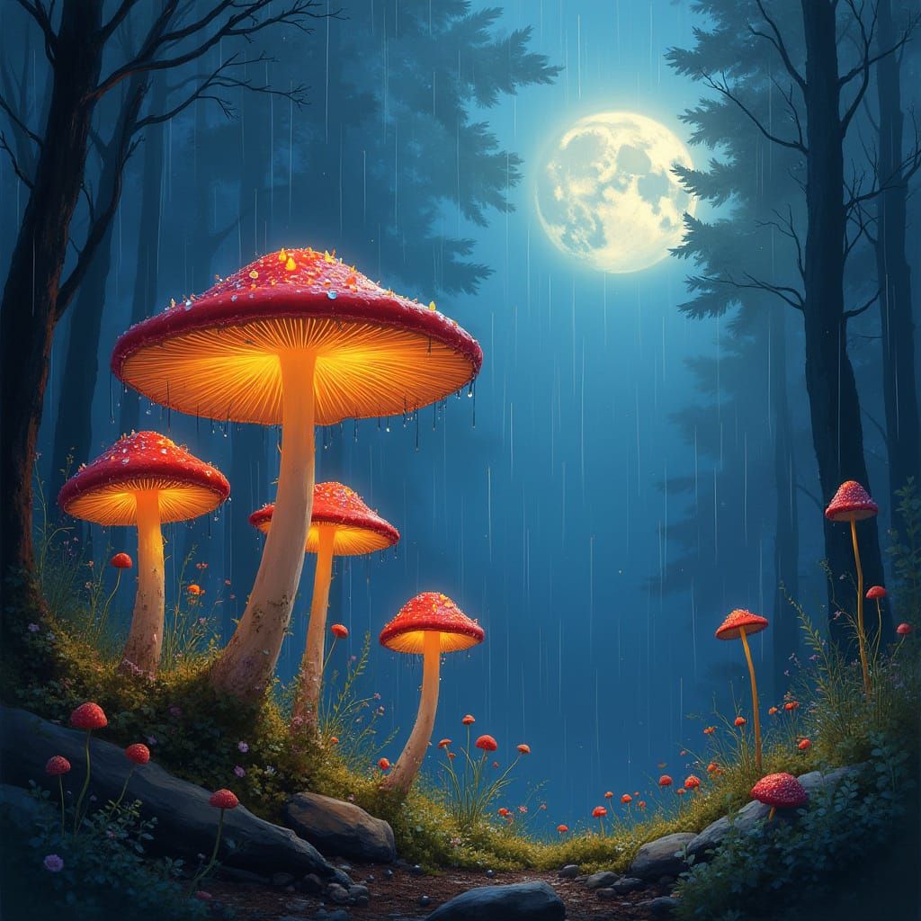 Mushrooms in Soft Lunar Light, a Surreal Impressionist Scene