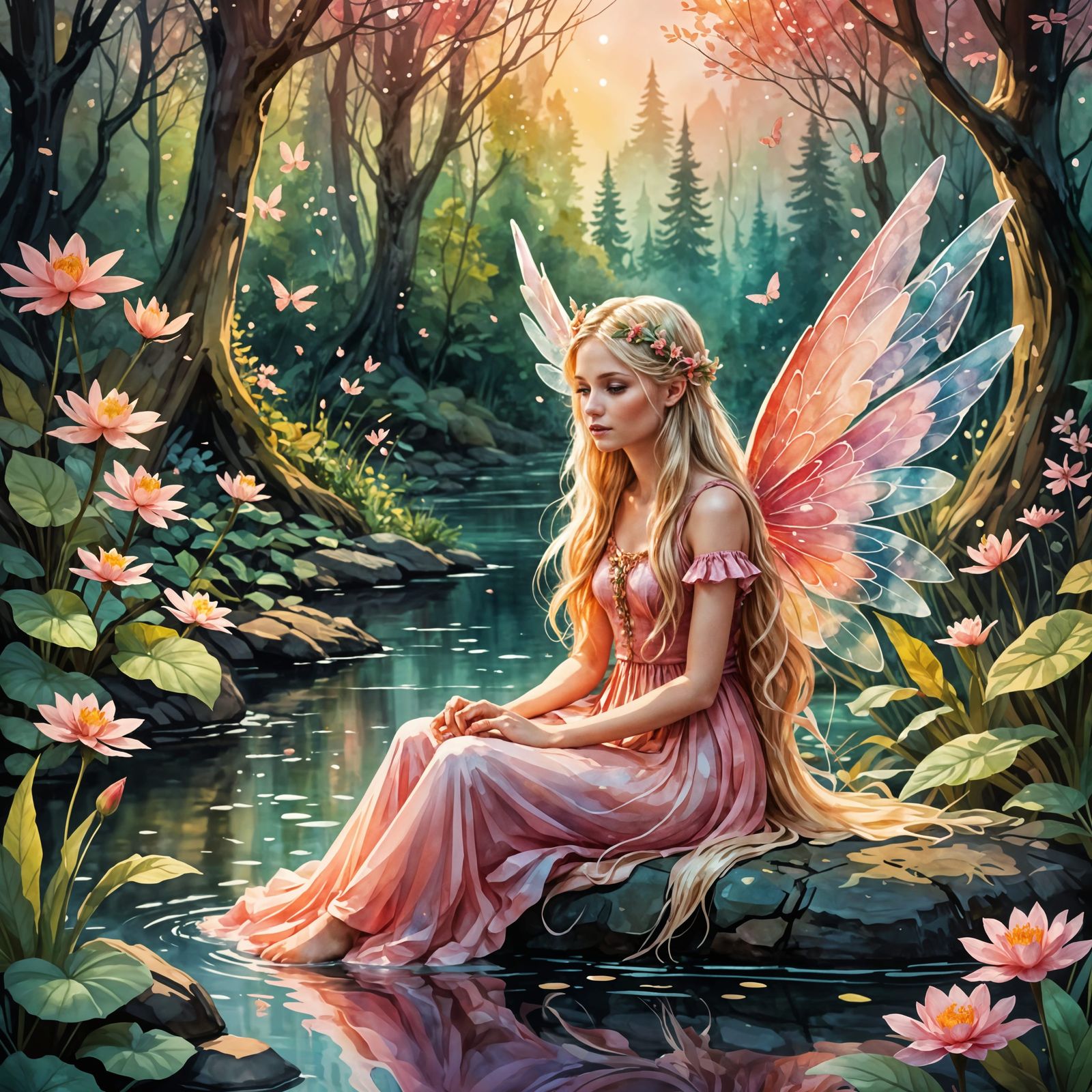 Enchanted Fairy in Watercolor Forest