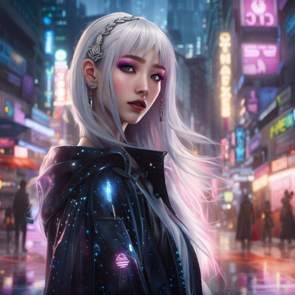 Cyberpunk K-Pop Girl in Rainy Seoul Street