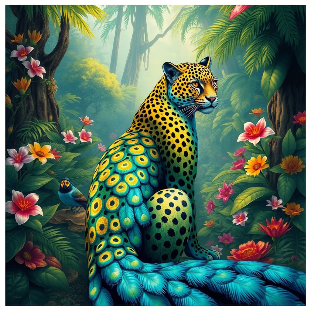 Quetzal Leopard in Dreamlike Jungle Illustration