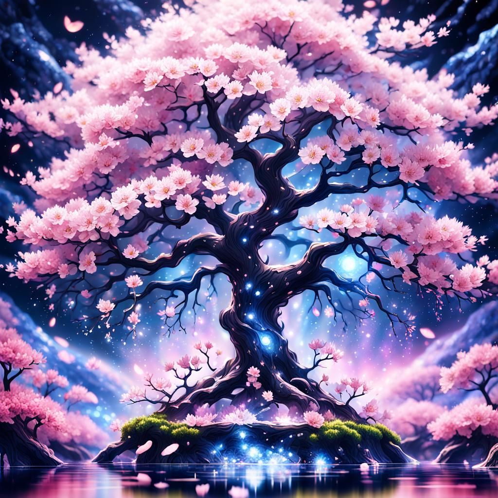 Celestial Cherry Blossom Tree in Impasto Gouache Style