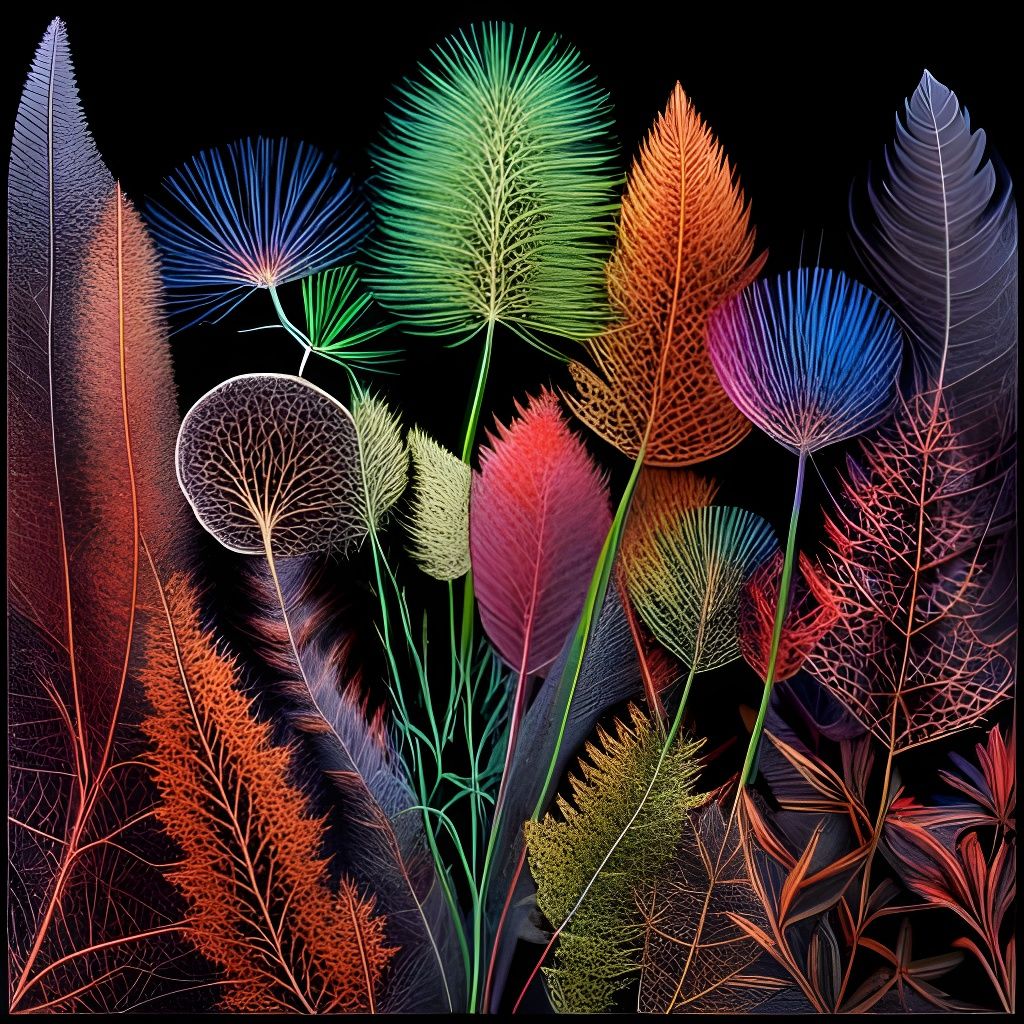 Neon X-Ray Photo of Scattered Botanical Fronds