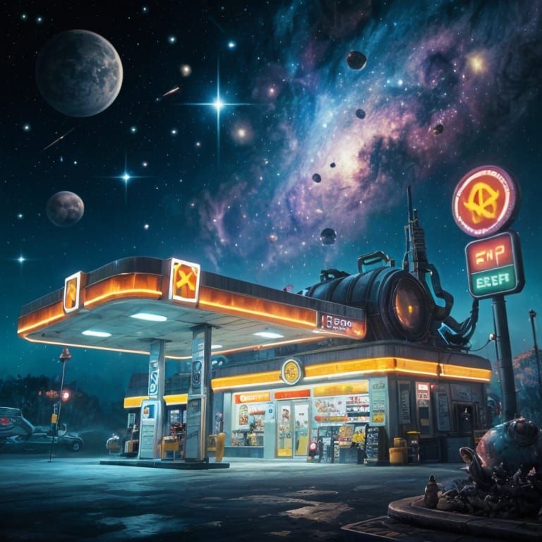 Cyberpunk Gas Station Amidst Intergalactic Stars