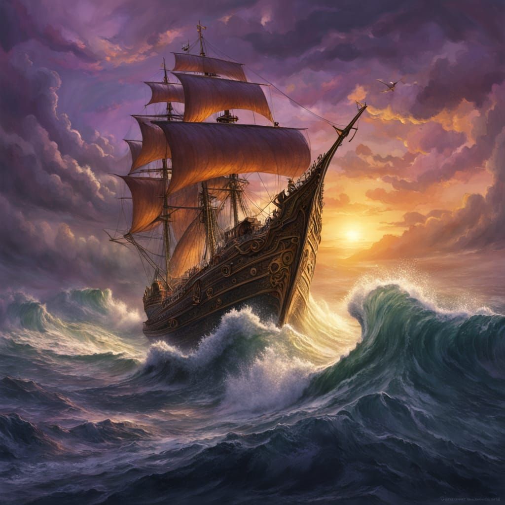 Dramatic Fantasy Ship Sails Turbulent Sea in Epic Digital Pa...