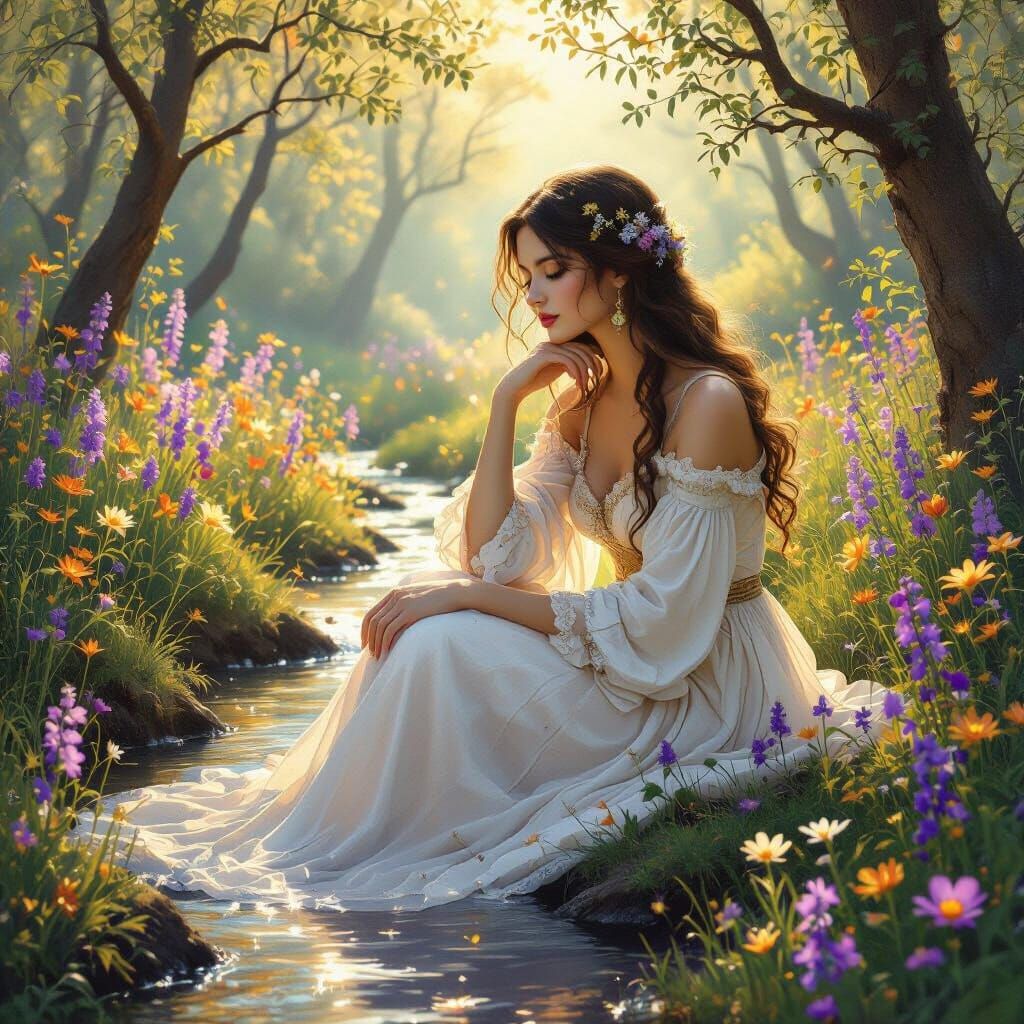Serene Woman in Forest Glade at Golden Hour