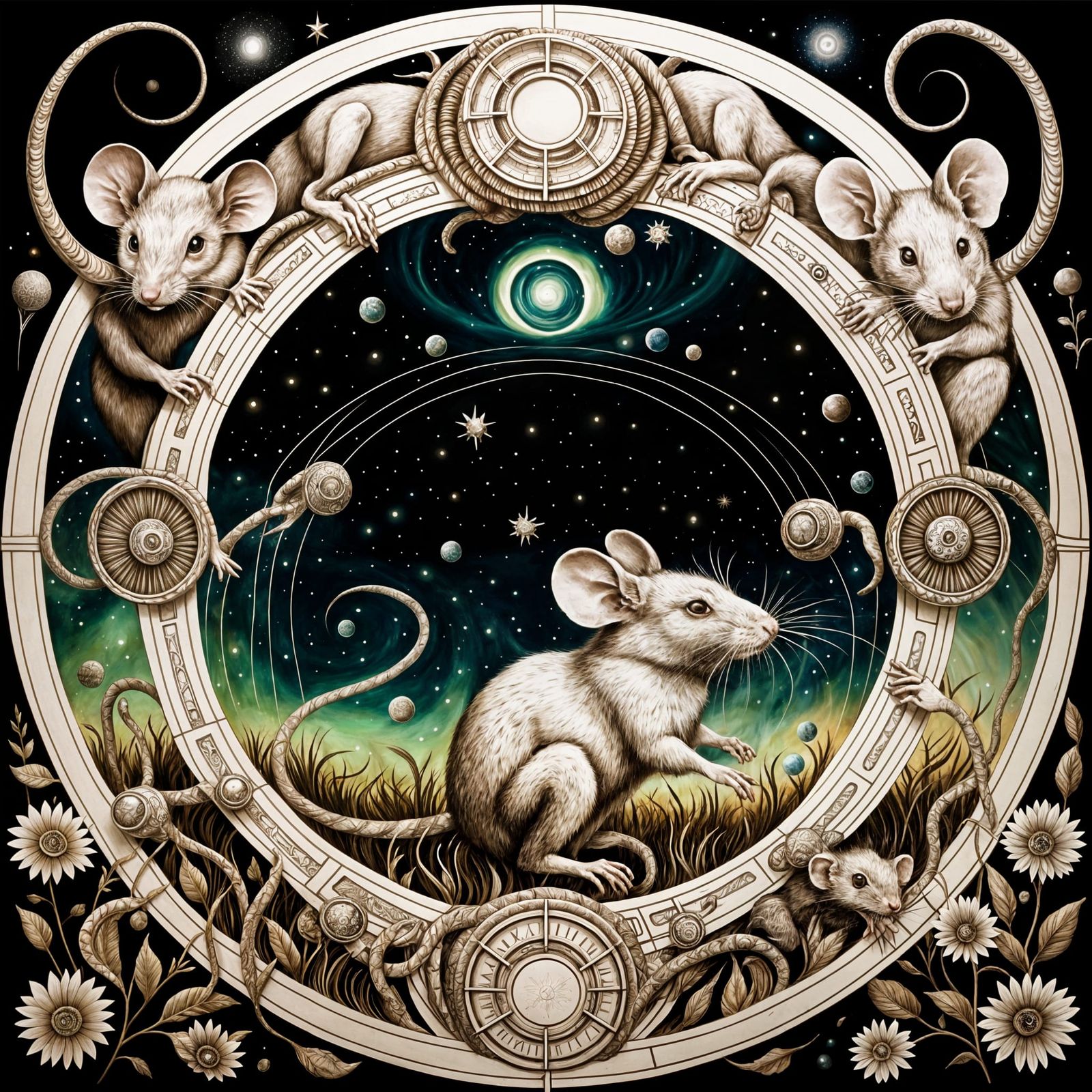 hyperdetailed Metaphysical Painting of Mice