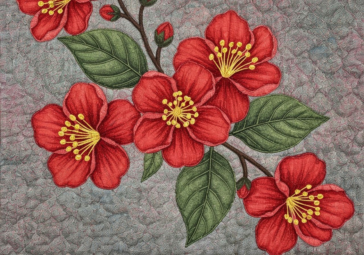 Detailed Quilted Red Floral Design with Textured Background