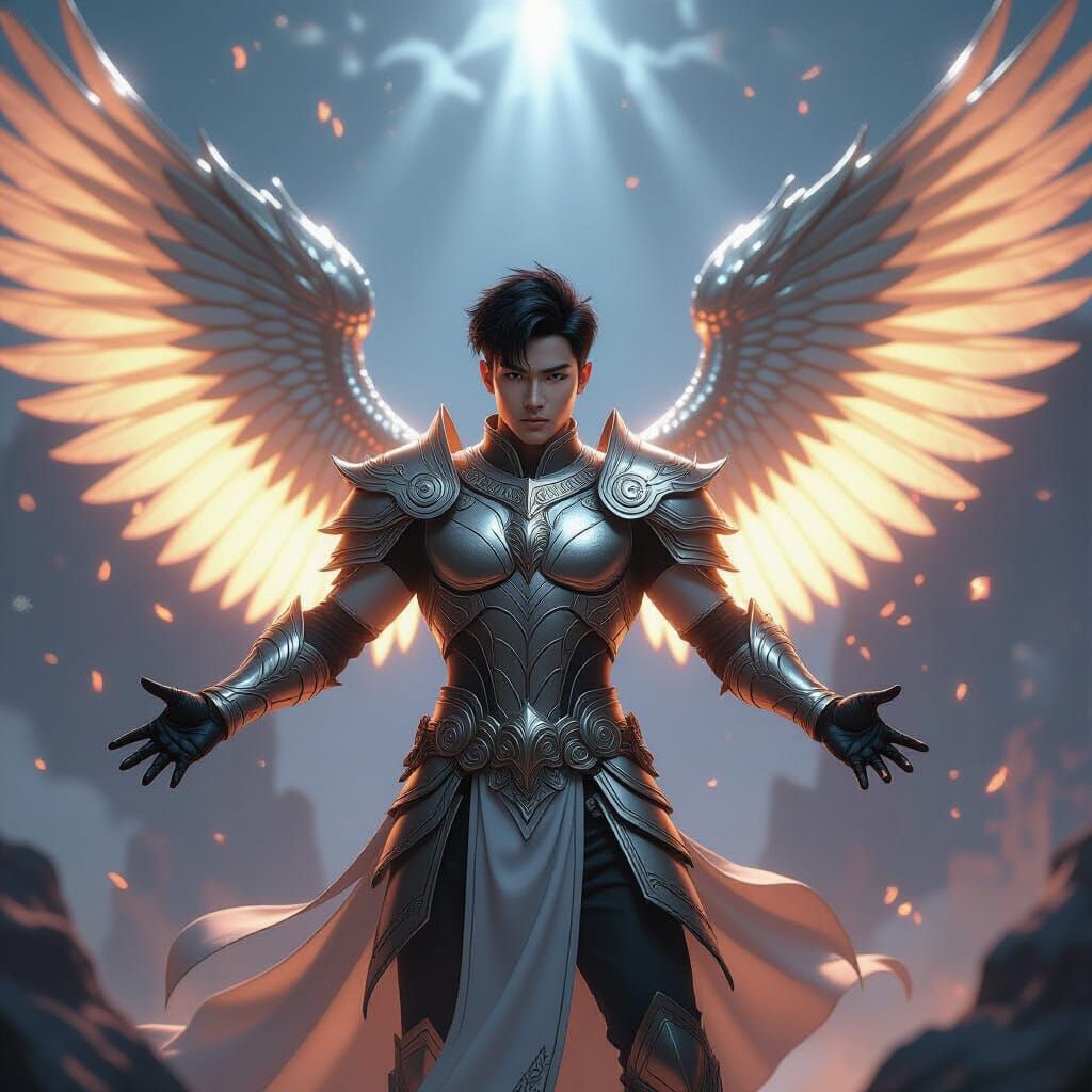 Heroic Fantasy Warrior with Metallic Wings