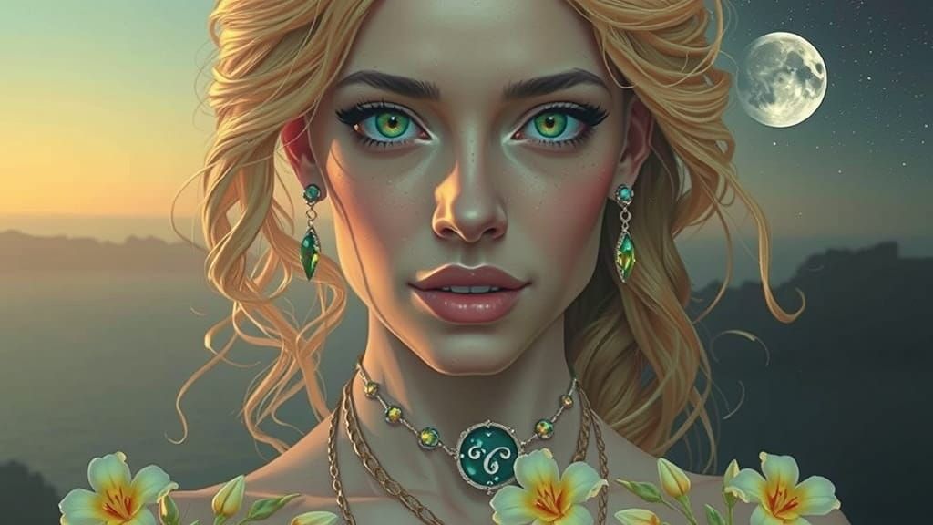 Ethereal Emerald-Eyed Woman in Hyperrealistic Style