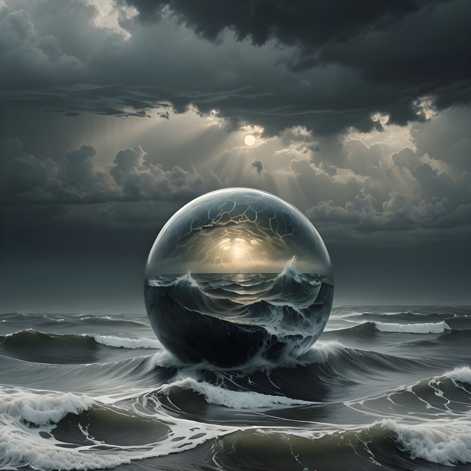 Stormy Seas Inside Transparent Sphere, 3D Render
