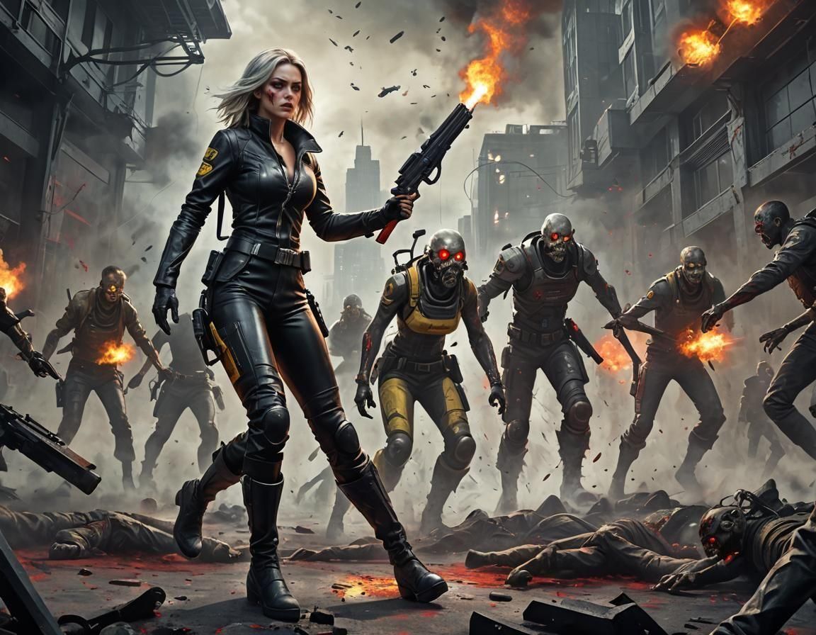 Woman Battling Zombies in Retrofuturistic Digital Painting