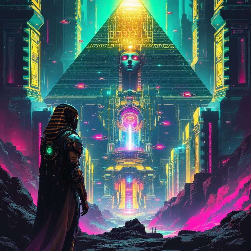 Cybernetic Pharaoh Surveys Neon Metropolis