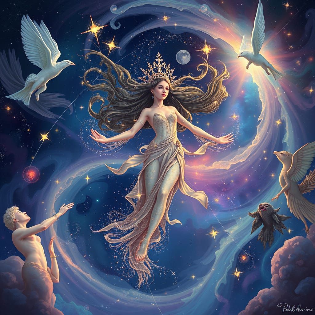 Ethereal Cosmic Goddess in Vibrant Holographic Splendor