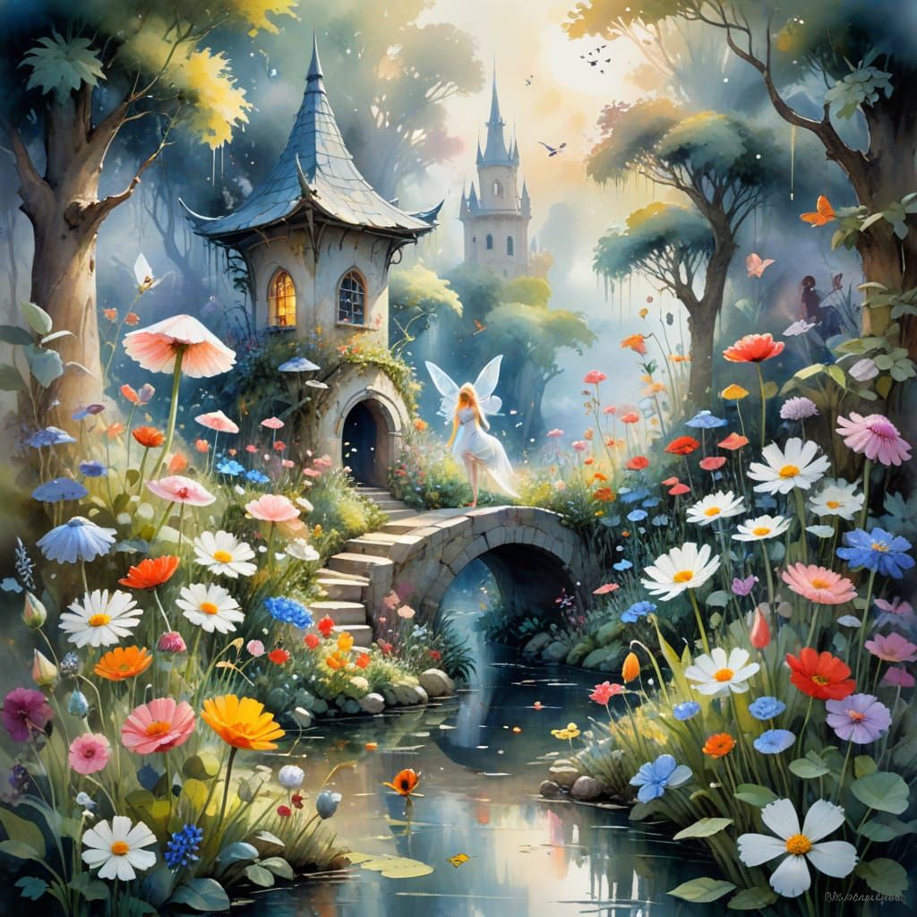 Enchanted Fairy Tale Garden in Surrealist Watercolor Style