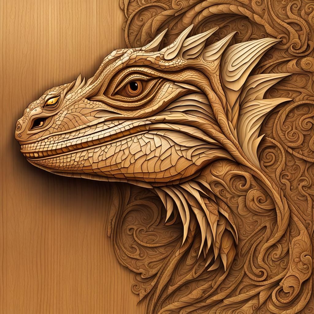 Wooden Iguana Head Carving on Fractal Background