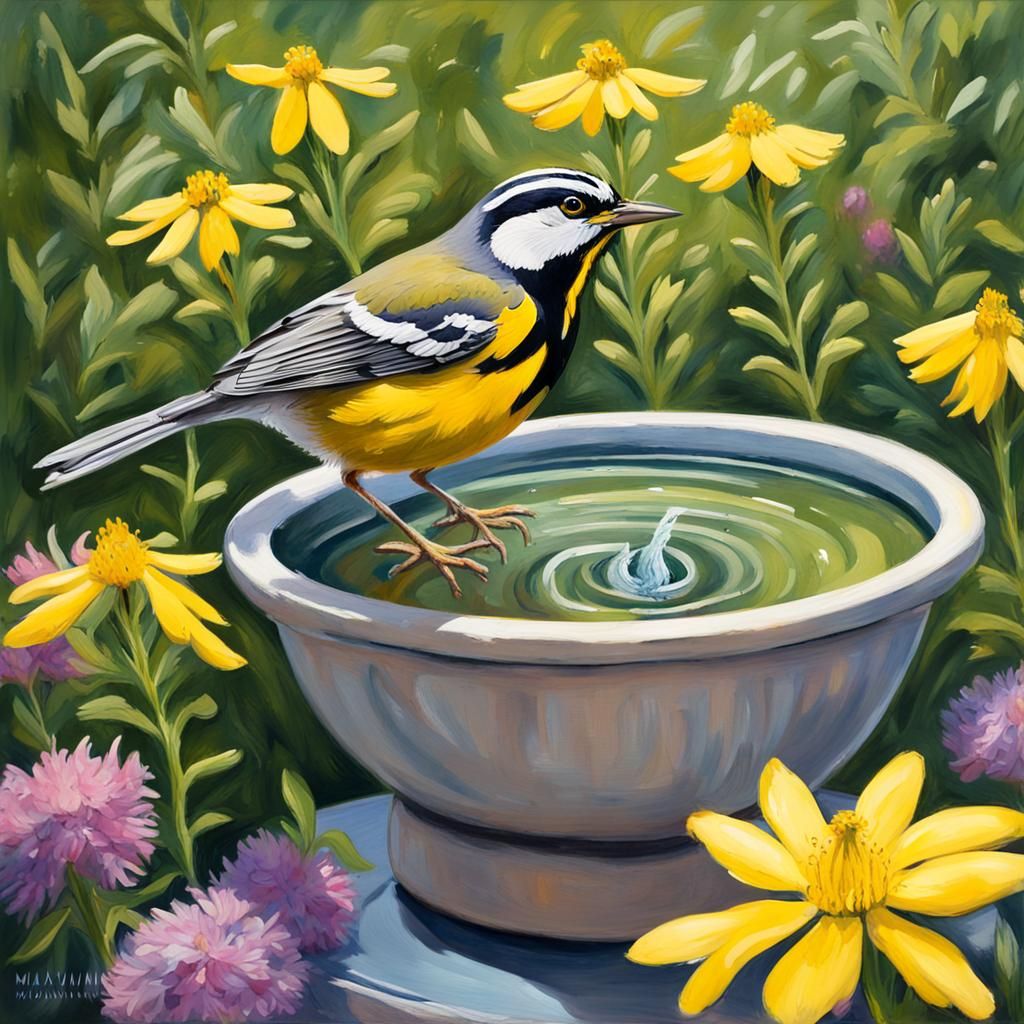 Yellow Warbler in Anime Garden: Gouache Watercolor Painting