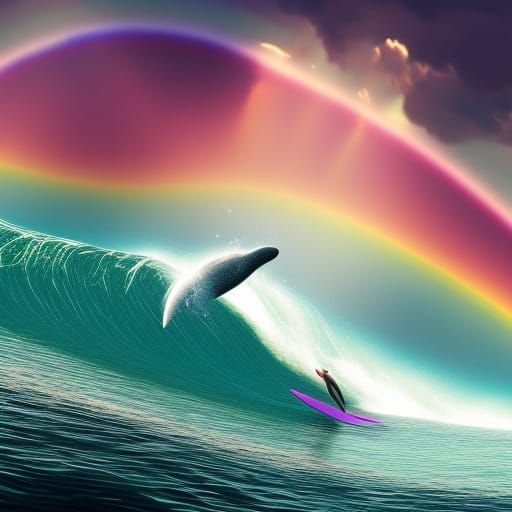 Surfer Rides Wave with Dolphins Under Rainbow