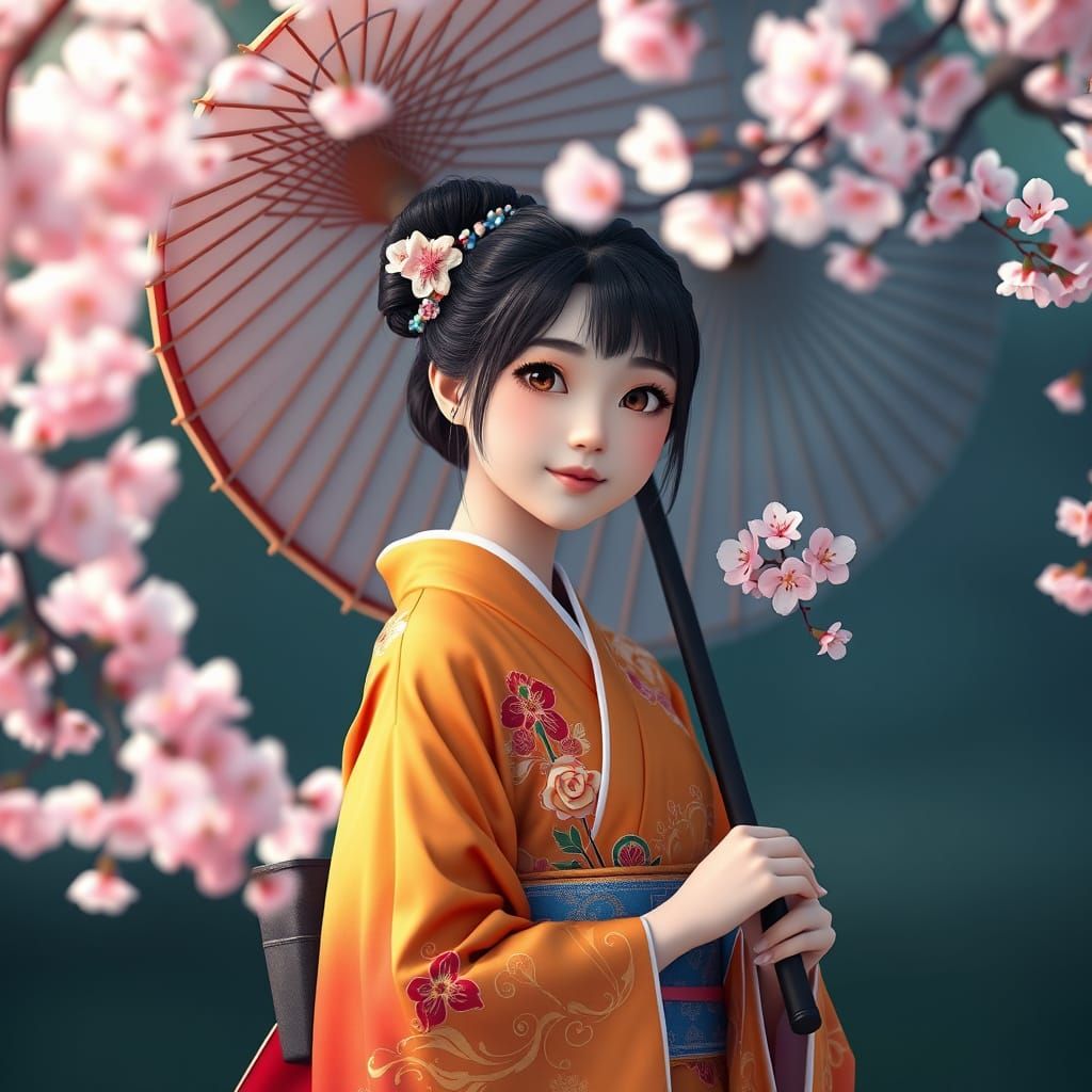 Anime Girl Surrounded by Cherry Blossoms in Vibrant Kimono