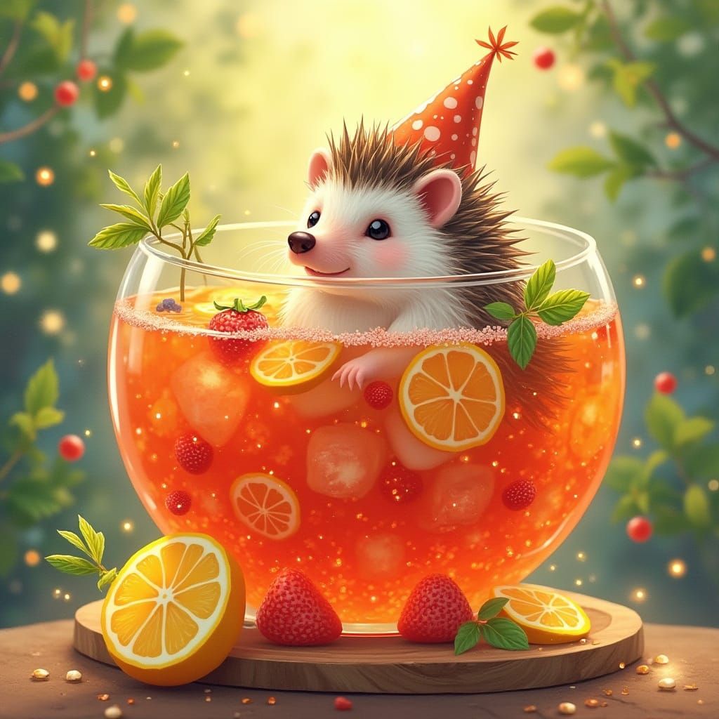 Vibrant Whimsical Party Scene with Hedgehog in Colorful Punc...