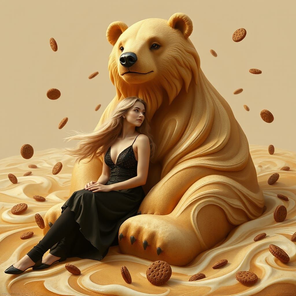Woman and Bear in Cappuccino Sea, Art Nouveau Style